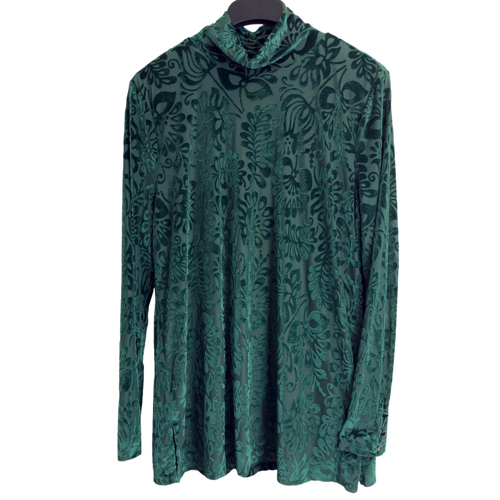Soft Surroundings Green Burnout Velvet Tunic Mock Neck Floral Top L Lined